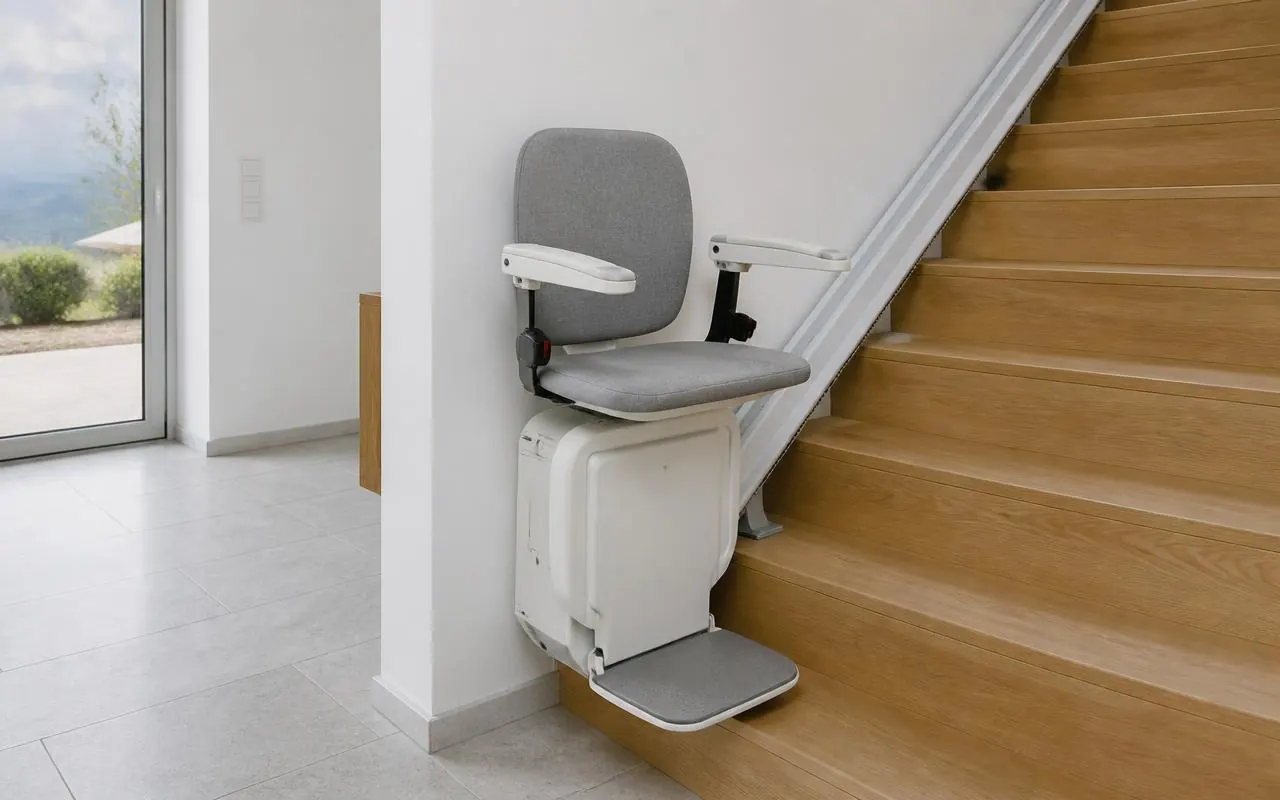 Sitzlift an einer Schiene entlang einer kurvigen Treppe in einem Wohnhaus